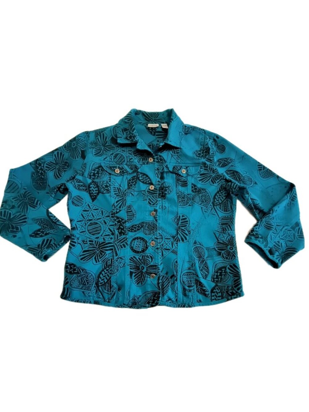 Chico’s Teal Black Floral Tribal Print Cotton Button Front Shirt Jacket Size XL